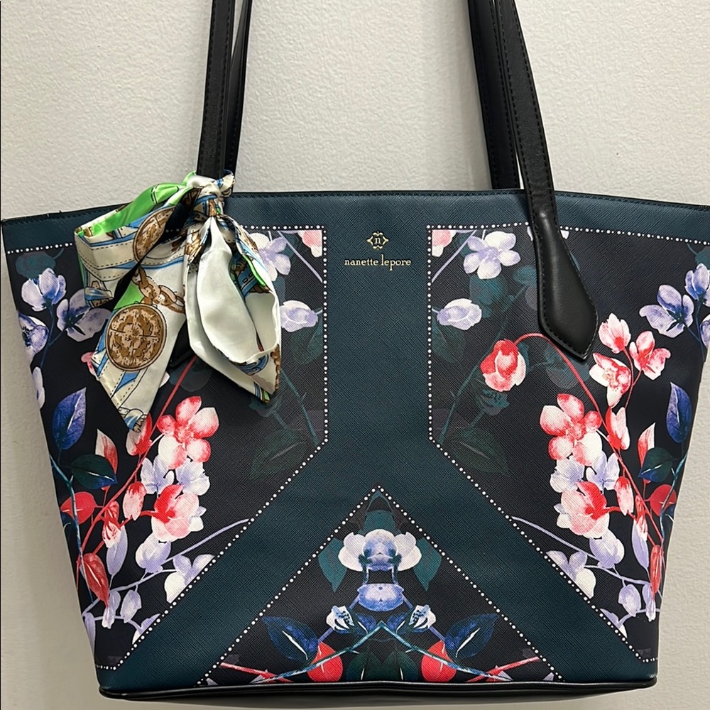 Nanette Lepore Black and Red floral print Tote Bag with Elegant Design